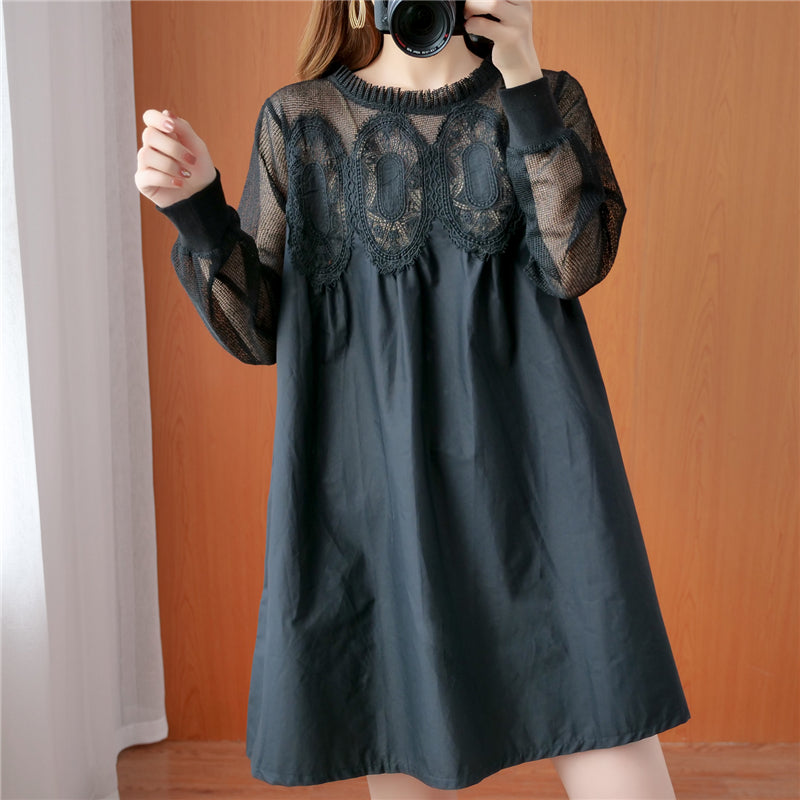 Large size women's lace mesh splicing  dress  and thin mid-length fat mm long-sleeved solid color dress