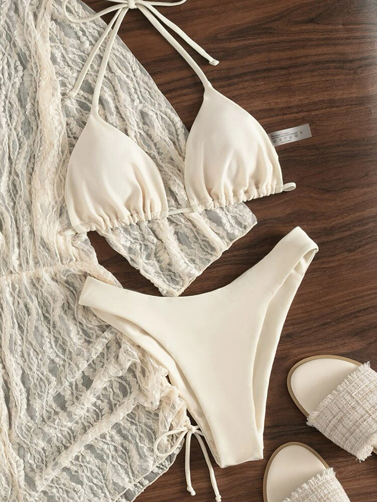 Mesh three-piece swimsuit solid color drawstring corset sunscreen beach vacation swimsuit female bikini