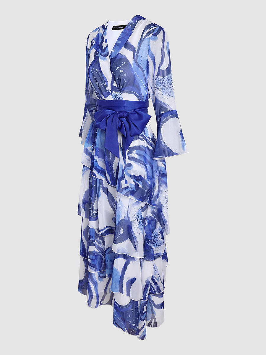 Printed Chiffon Bow Cake Skirt Dress