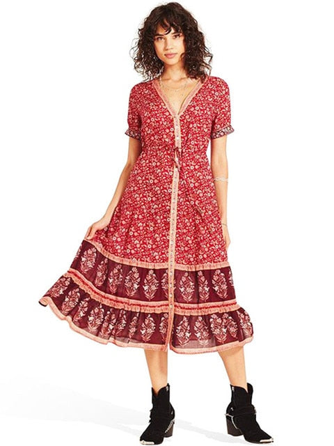 الربيع الصيف بوهو حزام الأزهار طباعة فستان طويل عالية الخصر الخامس الرقبة واحدة الصدر عطلة ميدي فستان امرأة 