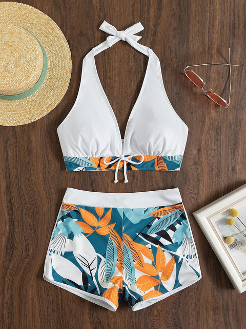 2023 Backless Bikini Set Short Swimwear Women's High Waist Swimwear Women's Printed Swimwear
