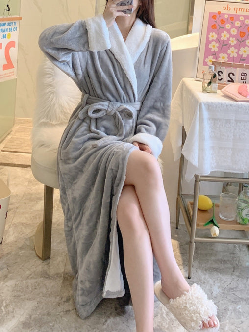 Women's  -end autumn and winter long-sleeved flannel nightgown thick solid color mid-length home service