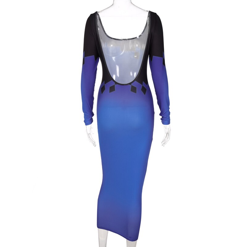 فستان Hugcitar مطبوع برقبة على شكل حرف U وأكمام طويلة بدون ظهر مرقع فستان ماكسي ضيق موضة خريف 2021 للسيدات أنيق Y2K ملابس شارع ضيقة 