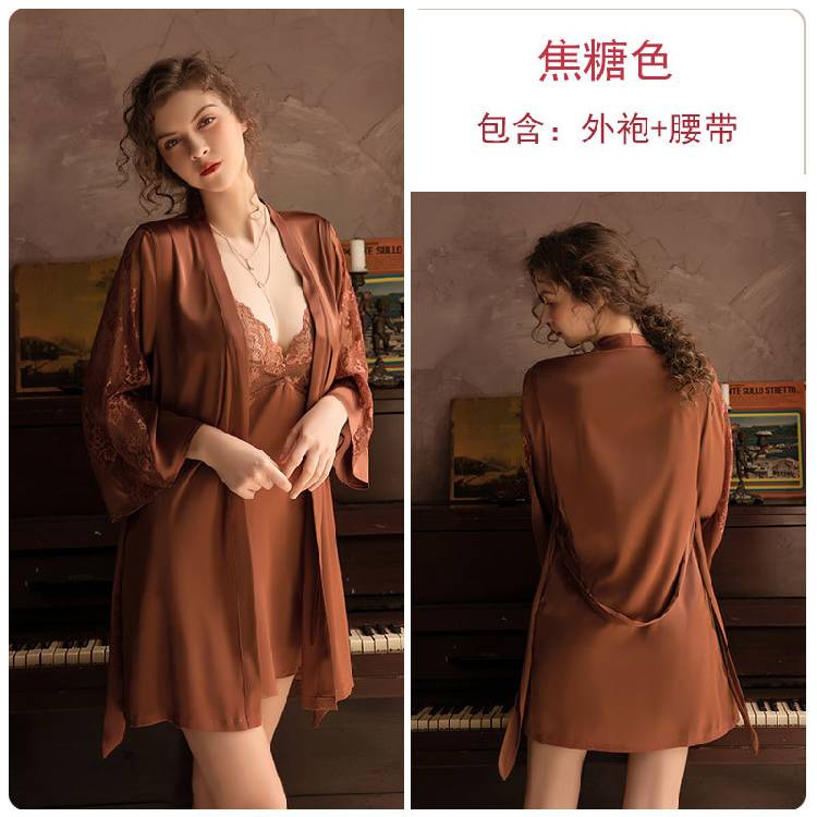 Rose  spring and summer female Europe and the United States new pajamas satin long-sleeved tape nightgown bathrobe home clothing 780