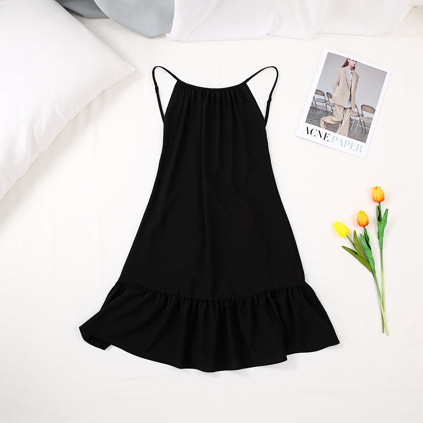 Hiloc Ruffle Sexy Night Dress Women Dresses 2021 Sleepwear Backless Nightgown Spaghetti Strap Nightdress Black Nighty Home Dress