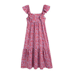 فستان صيفي نسائي بوهو مطبوع عليه زهور بحزام سباغيتي فستان طويل مكشكش فستان صيفي طويل للسيدات بدون أكمام للحفلات 