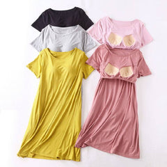 Short Sleeve Night Dress Women Summer Nightgown Chest Pads Large Size Cotton Nightshirt Comfortable Modal Dress Female Sleepwear