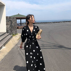 Boho New Summer Maxi Dress Clothes Vintage Slim French Retro Hepburn Wind Black Polka Dot Long Robe Korean Style Fashion