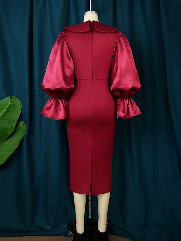 Women Long Sleeve Bodycon Dress with Bow Collar Slim Sheath Elegant Classy Office Ladies Date Out Event Large Size Female Gowns