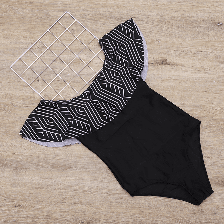 Plus size bikini swimsuit European and American big ruffles one-shoulder  print swimsuit