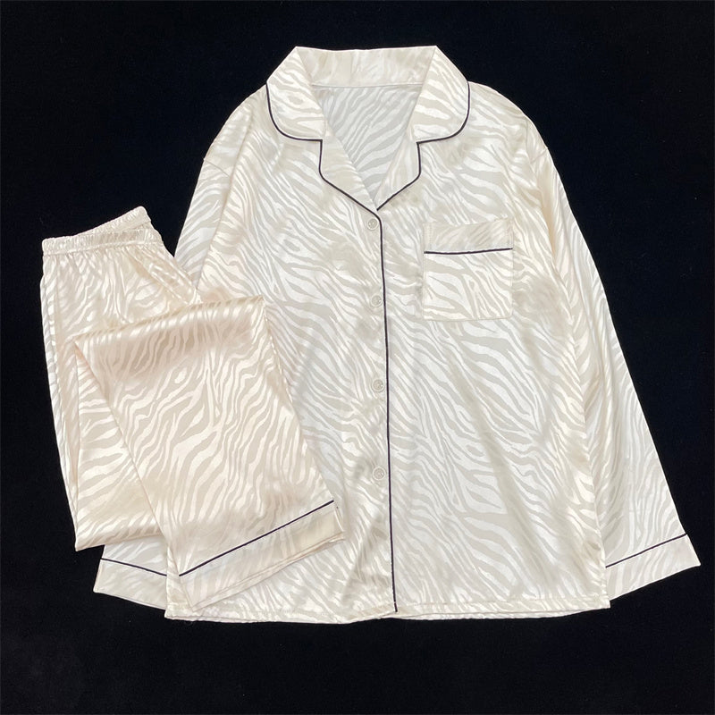 Women's light  and noble white  pattern long-sleeved  end  silk pajamas home clothes set