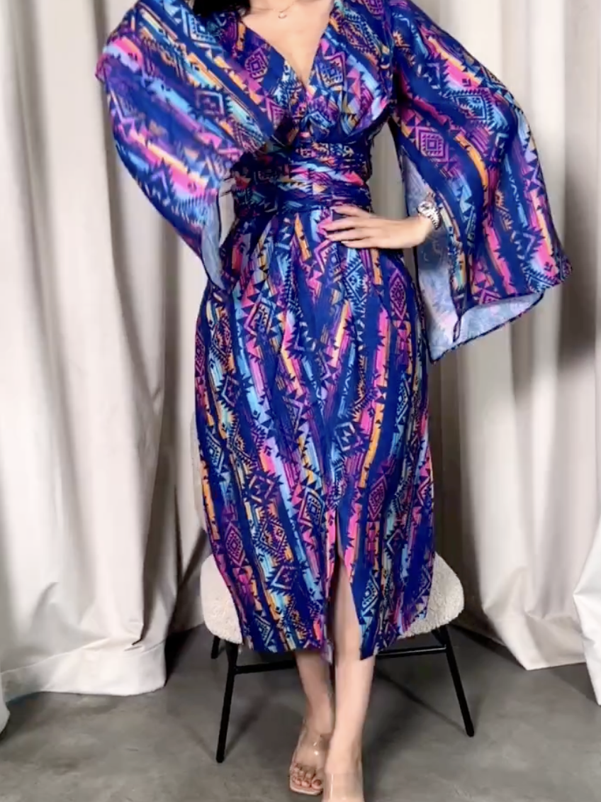 Contrast print waist slit dress