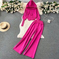 Autumn and winter European and American style minimalist solid color  hooded top +  waisted  trousers casual two-piece set