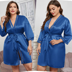 New XL Lace Nightgown Home Casual Simulated Silk Cardigan Bathrobe Fashion Mid-Length Sexy Homewear