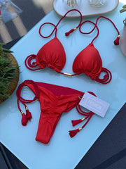 2022 spot European and American foreign trade bikini new special fabric solid color braided swimsuit multicolor bikini wholesale