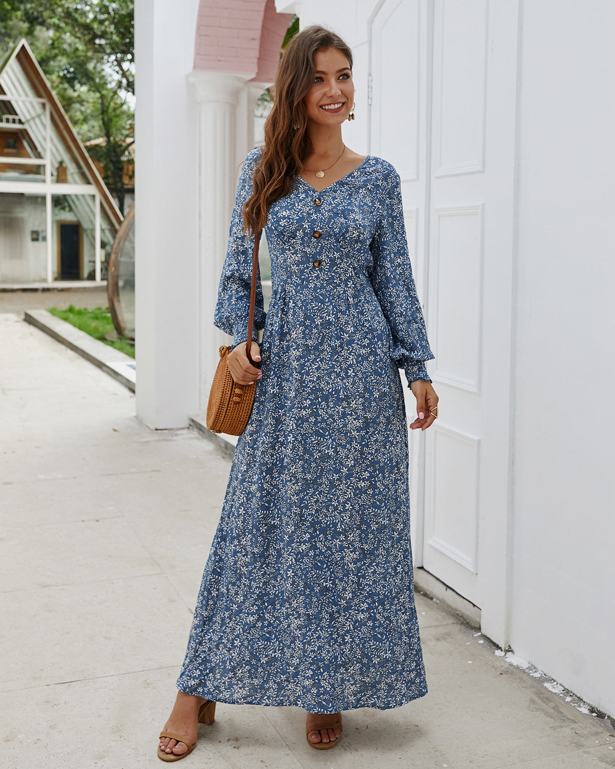 فستان ماكسي زهري عتيق صيفي على شكل حرف a بخصر عالٍ وأكمام واسعة ربيعية طويلة أنيقة بتصميم بوهو للنساء