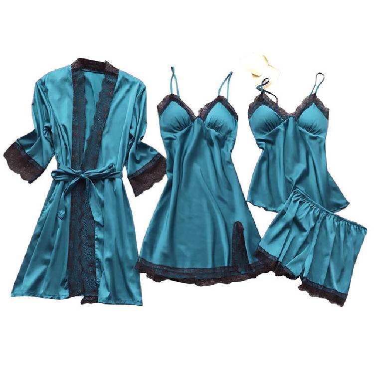 Lace Up Lingerie Pajamas Set Nightdress Women Long Silk Dressing Gown Bath Robe Sleep Wear Four piece Suit Sleepwear