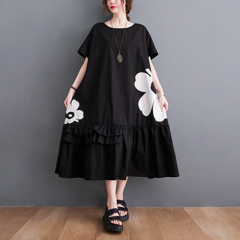 Large size women's clothing 2022 summer new black mid-length cotton printed dress niche large   long skirt