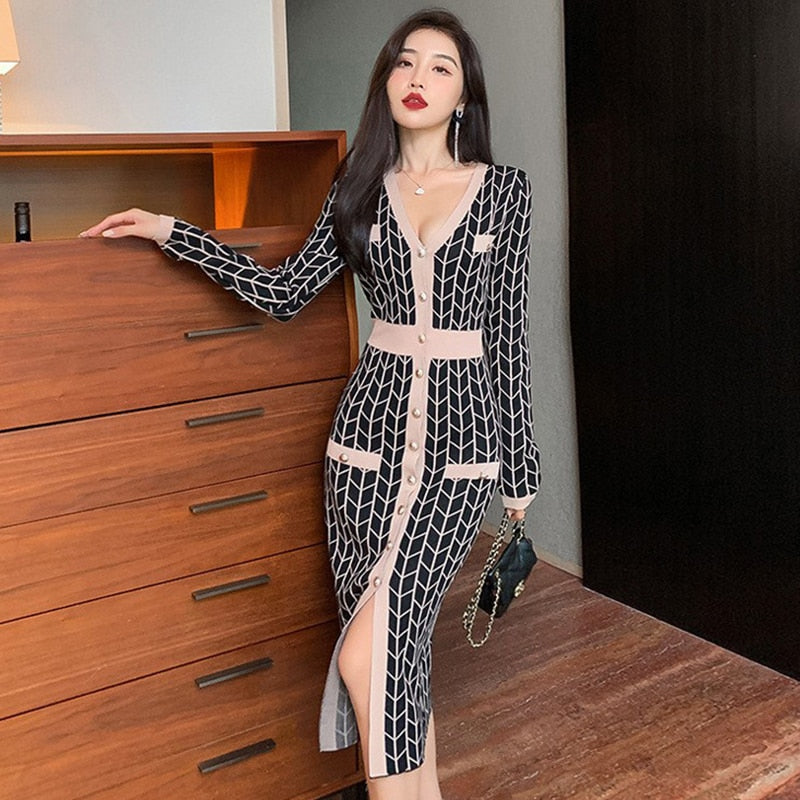 Fashion Women Vintage V-Neck Single-breasted Midi Knitted Dress Elegant Streetwear Plaid Bodycon Skinny Sweater Female Dress