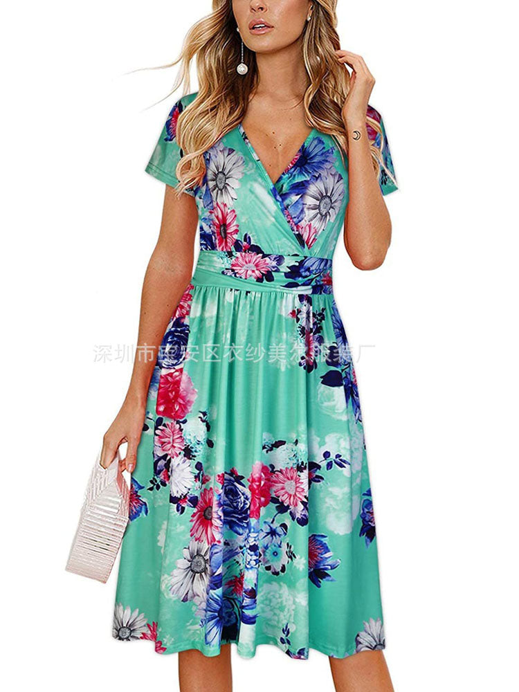 Women's Flower Print Boho Party Dress Summer V Neck Short Sleeve Mini Tank Top