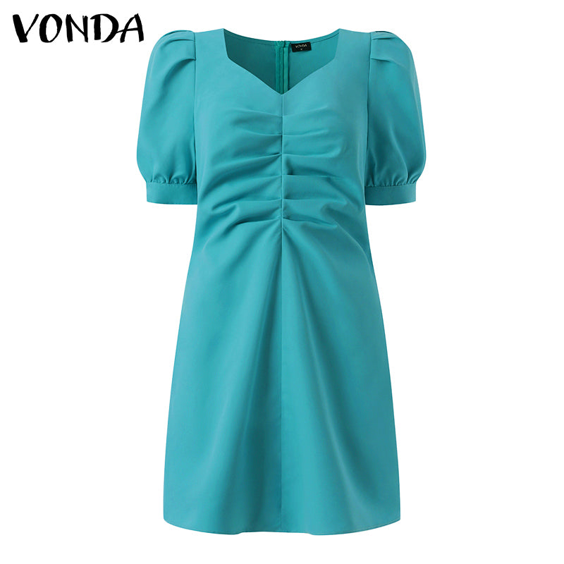 VONDA Elegant Dresses For Women 2022 Solid V Neck Short Puff Sleeve Ruched Pleated Bodycon Dress Bohemian Party Casual Summer Plus Size Short Dresses