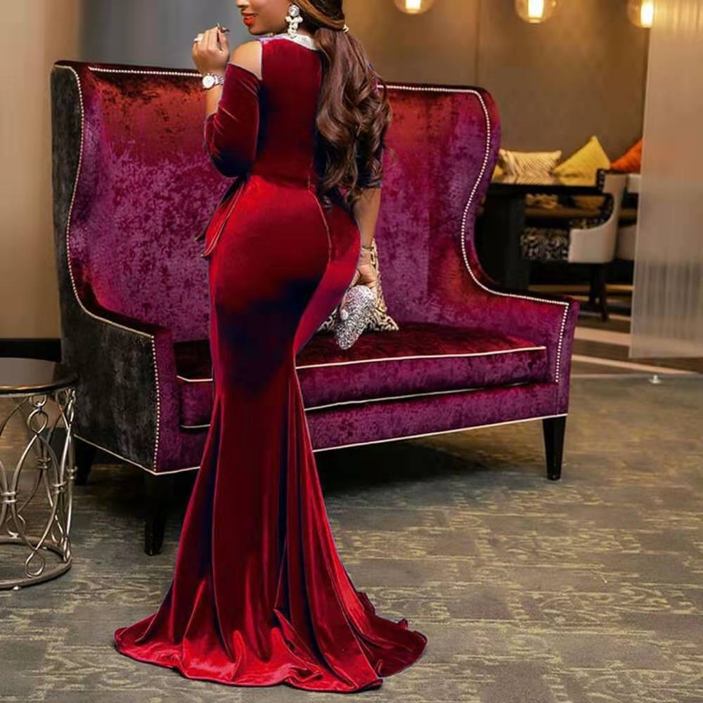 Pure color temperament slim off-shoulder evening dress