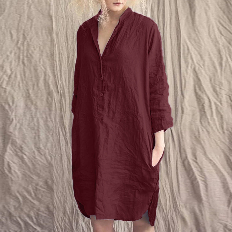 ZANZEA ladies Japanese and Korean style solid color simple temperament half placket pocket slit fashion loose daily casual mid-length shirt dress