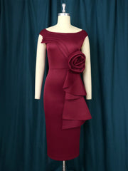 AOMEI Party Evening Dress Women Burgundy Midi O Neck Sleeveless Flower Ruffles High Waist Bodycon Wedding Cocktail Event Gowns