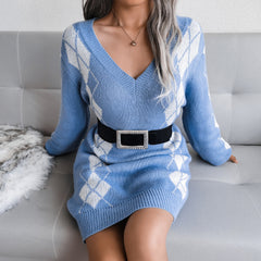 Women's Knit Dress Long Sleeve V Neck Y Bodycon Dress Women's Slim Party Mini Dress