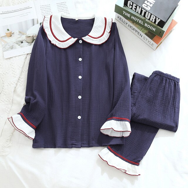 Cotton Crepe Pajamas Set For Women New Spring And Autumn Cloth Couple Long-Sleeved Suit Men Home Service Plus Size Nightgown