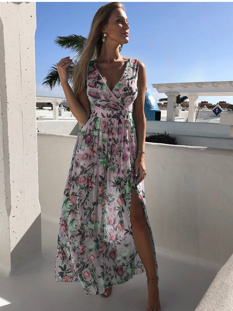 فستان بوهو صيفي شيفون أنيق بياقة على شكل V بدون أكمام وطباعة أنيقة للسيدات فستان كاجوال للعطلات للسيدات رداء للسيدات