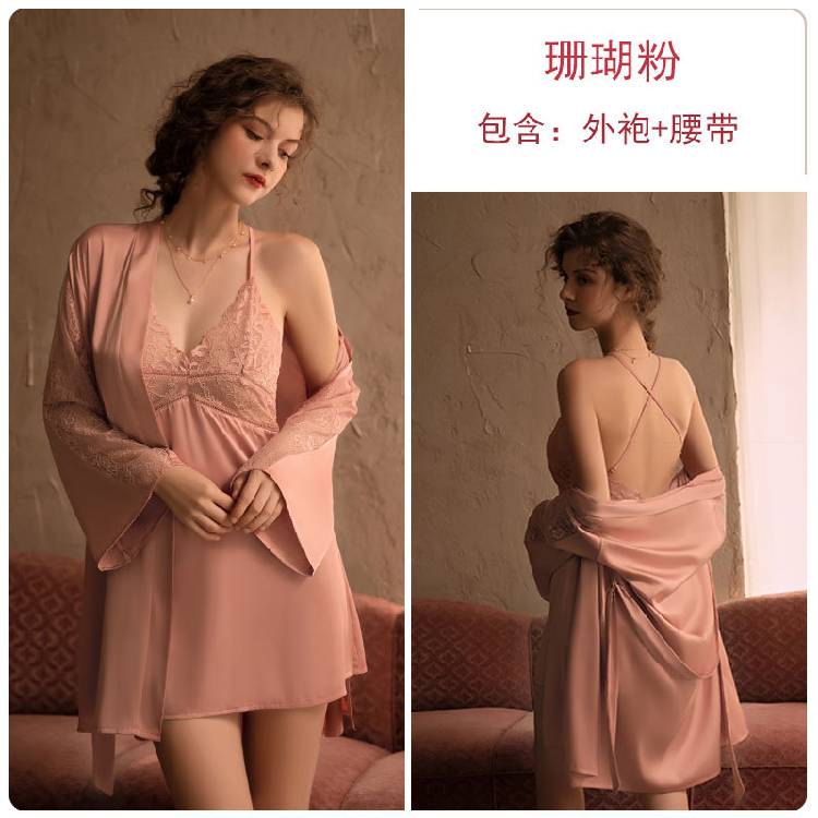 Rose  spring and summer female Europe and the United States new pajamas satin long-sleeved tape nightgown bathrobe home clothing 780