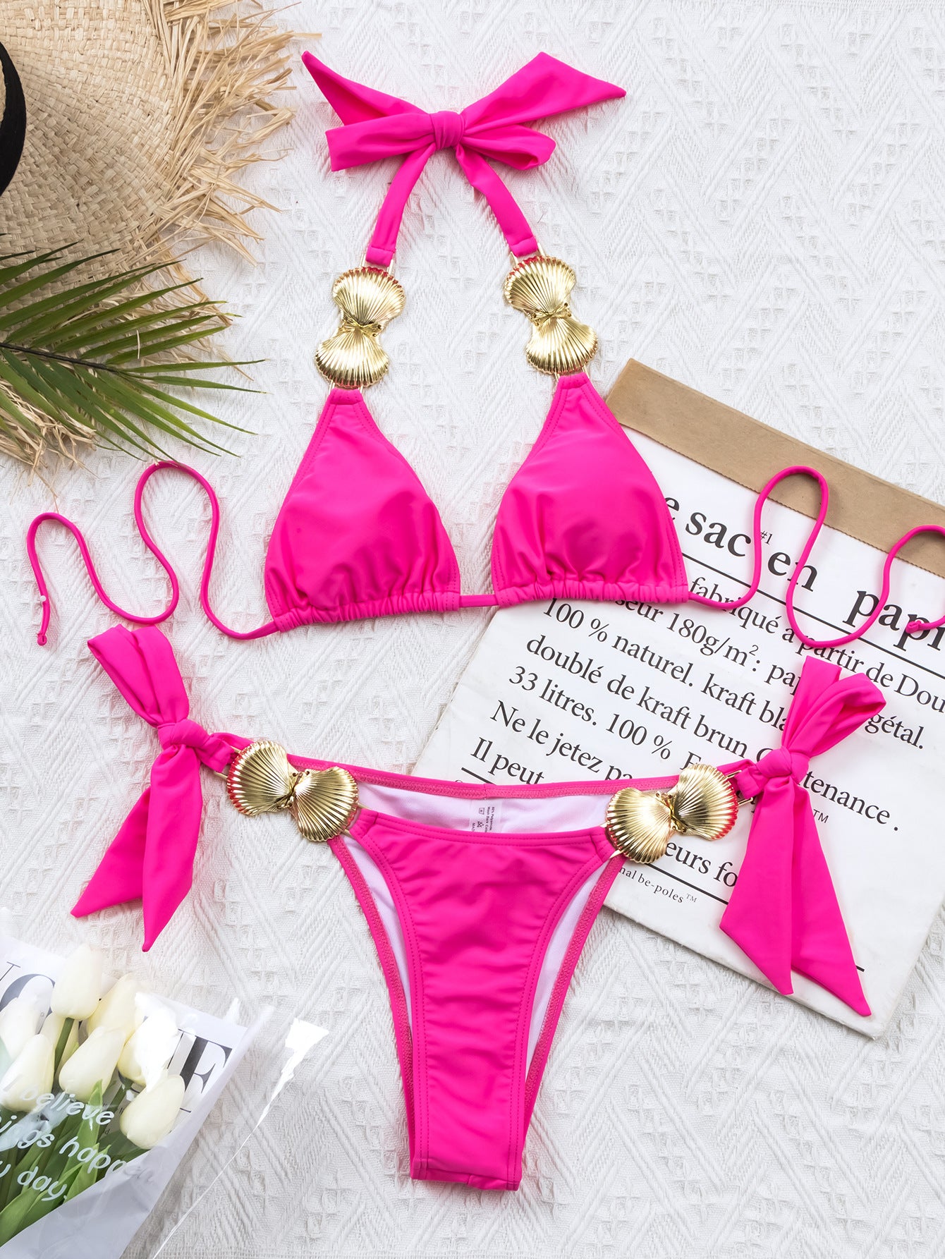 European and American ins bikini suit spring and summer new solid color sexy bikin women's strapless backless neck seaside vacation beach swimming nav