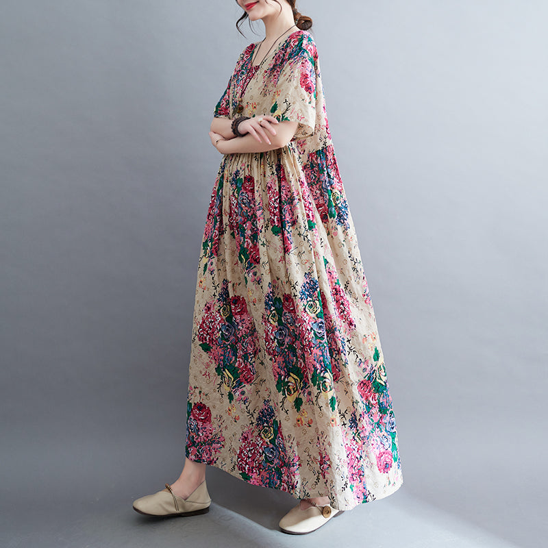 Women's new skirt Mori girl pastoral style summer new literary and artistic large size women's clothing fat MM plus fat plus printing short-sleeved li