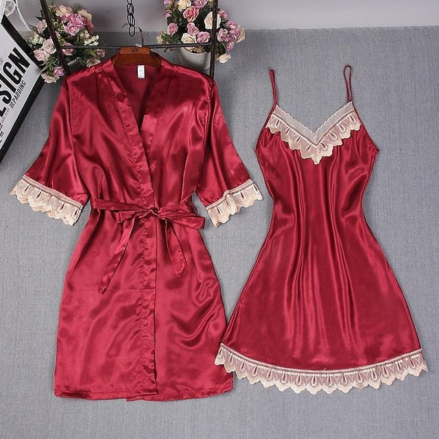 Women Rayon 2PCS Robe Set Bride Bridesmaid Wedding Robe Gown Lace Sexy Kimono Bathrobe Night Dress Casual Nightgown Sleepwear