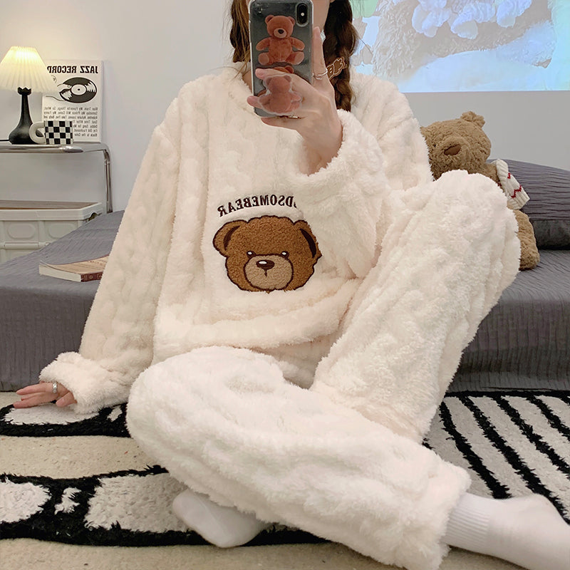 Autumn and winter new thickened plush jacquard pajamas women's round neck pullover sweet student home service
