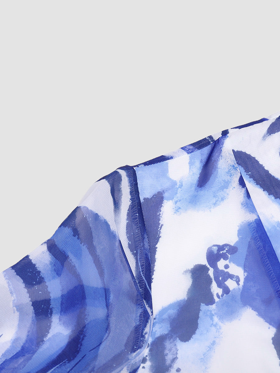 Printed Chiffon Bow Cake Skirt Dress