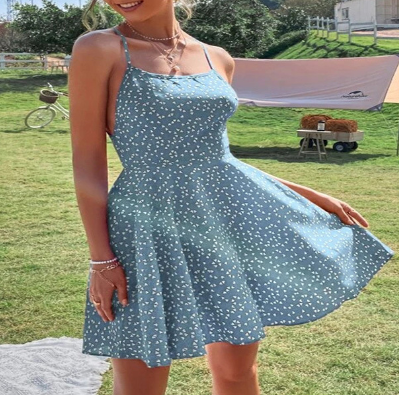 فستان صيفي جديد مطبوع النثار القلب المطبوع عبر الدانتيل فستان بدون ظهر مطبوعة بوهو فستان الشاطئ فستان الصيف 