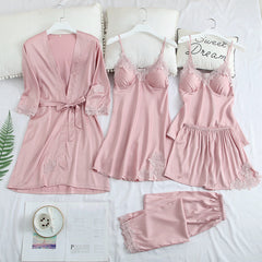 Five-piece pajamas women's summer thin ice silk suspender nightdress nightgown set