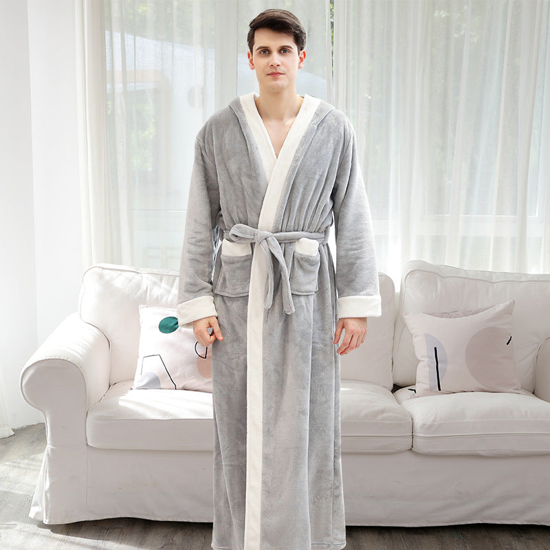 Sexy contrast color hooded bathrobe autumn and winter flannel coral fleece men's nightgown thickened and lengthened couple bathrobes women
