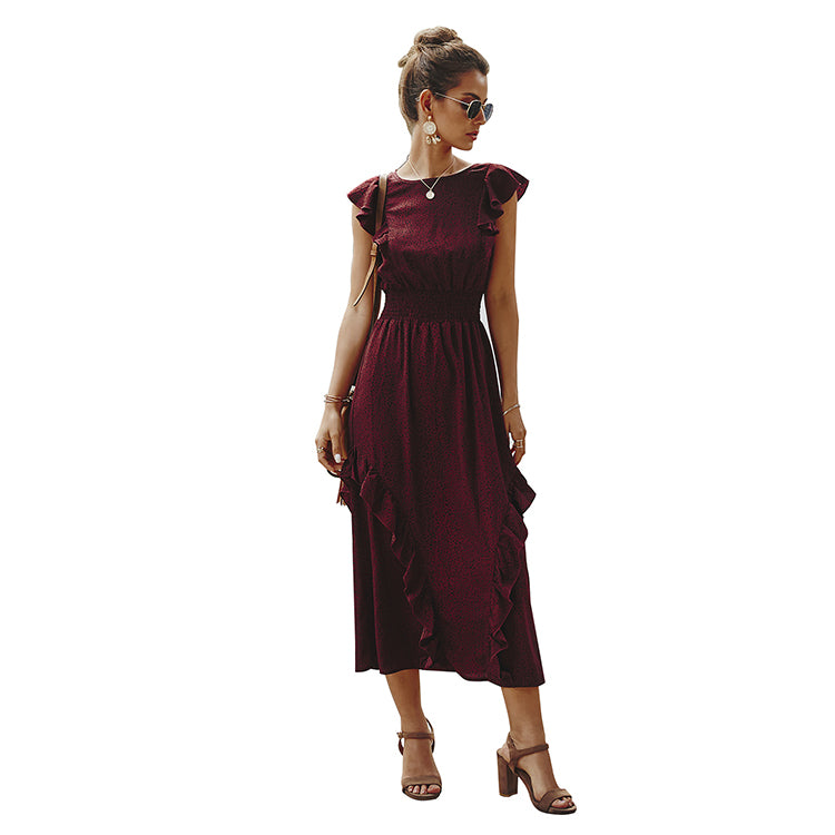 فستان صيفي نسائي أنيق ماكسي فستان موضة دوت طباعة رقبة دائرية مكشكشة كم قصير فستان الشمس فستان طويل رداء بوهو فستان الحفلات والنوادي ملابس الشاطئ 