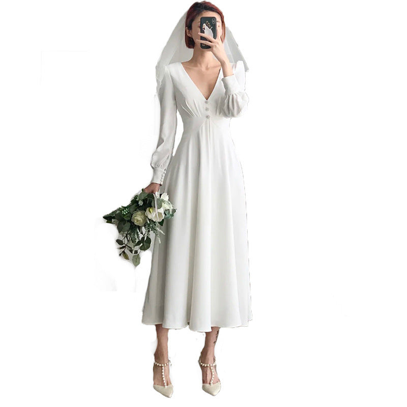 French light wedding dress new autumn long-sleeved  temperament catwalk evening dress photo studio photography dress travel photo light wedding d