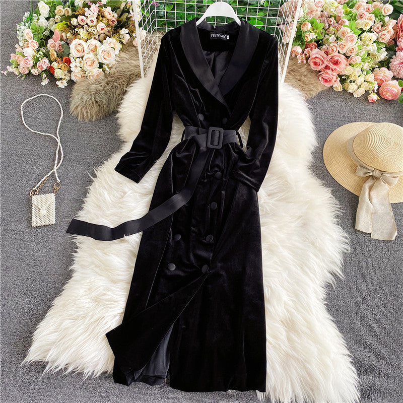 New autumn and winter Korean style trendy lace-up waist slimming mid-length windbreaker jacket for women