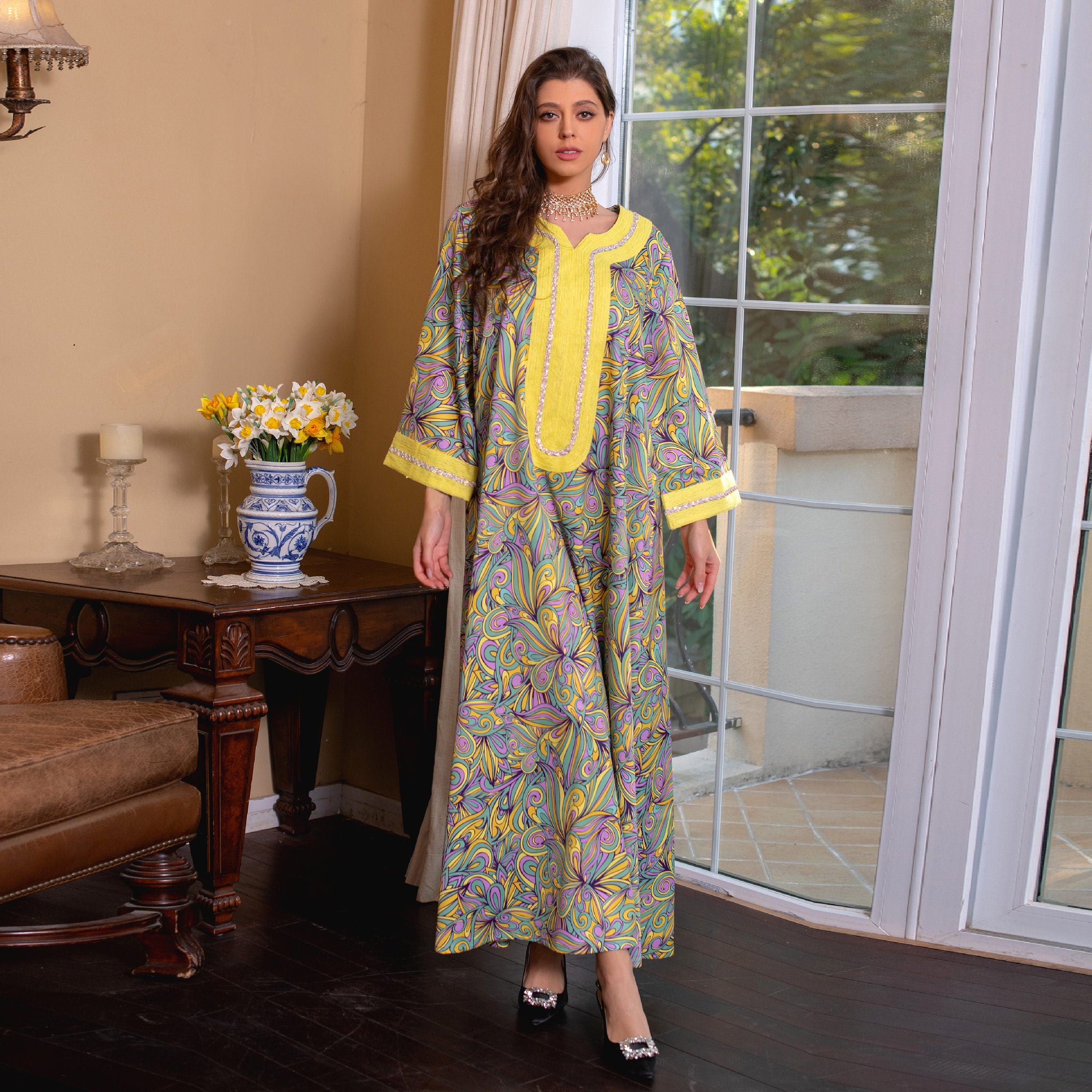 Middle East New Hand  Print Jalabiya Diamond  Robe Arabian Kaftan Saudi Dubai