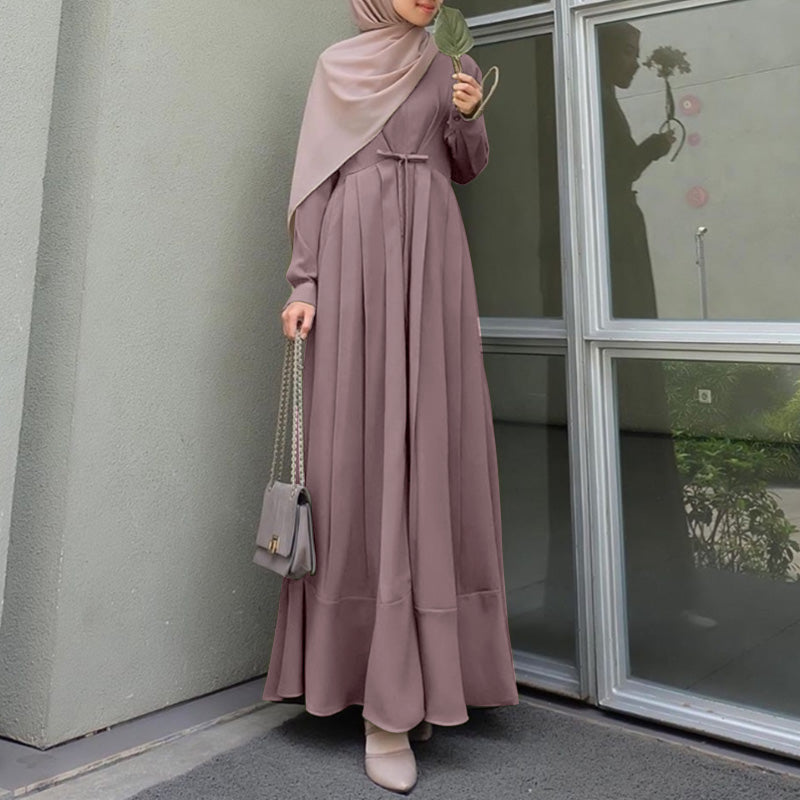 ZANZEA Ms. Muslim style Arabian style temperament solid color round neck long sleeve tie design lotus  hem shirt skirt fashion elegant long skirt robe  casual shirt long dress without headscarf large size