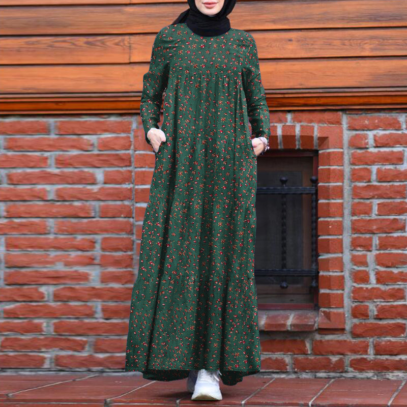 ZANZEA Women's Muslim Arabian Floral Printed Dress Simple Temperament Round Neck Long Sleeve Back  Side Pockets  Casual Dress Large Size Without Headscarf