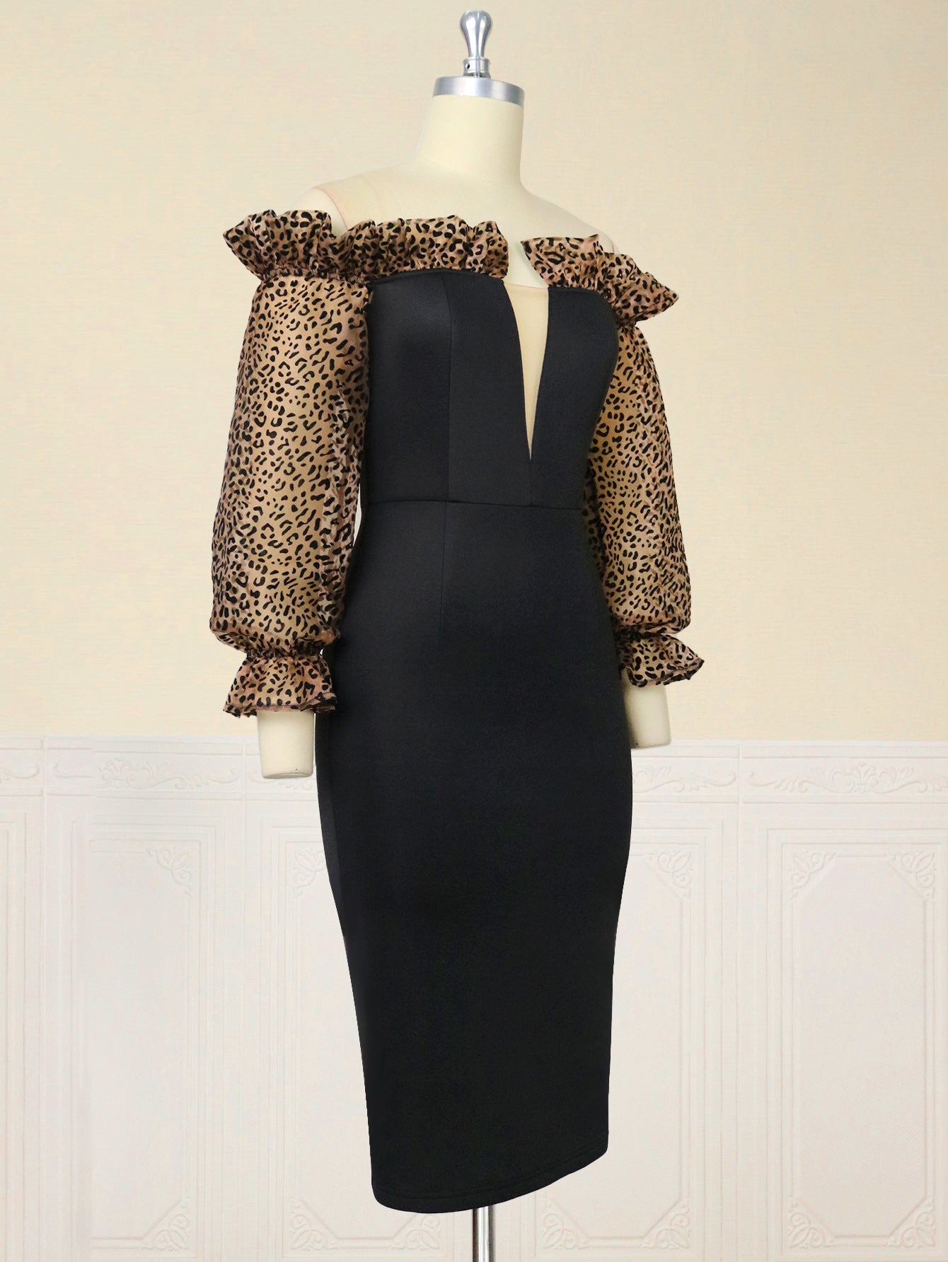 Sexy Off Shoulder Black Dress Deep V Neck Leopard Print Tulle Sleeve Midi Bodycon Robe Elegant Cocktail Evening Party Spring New