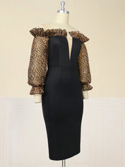 Sexy Off Shoulder Black Dress Deep V Neck Leopard Print Tulle Sleeve Midi Bodycon Robe Elegant Cocktail Evening Party Spring New