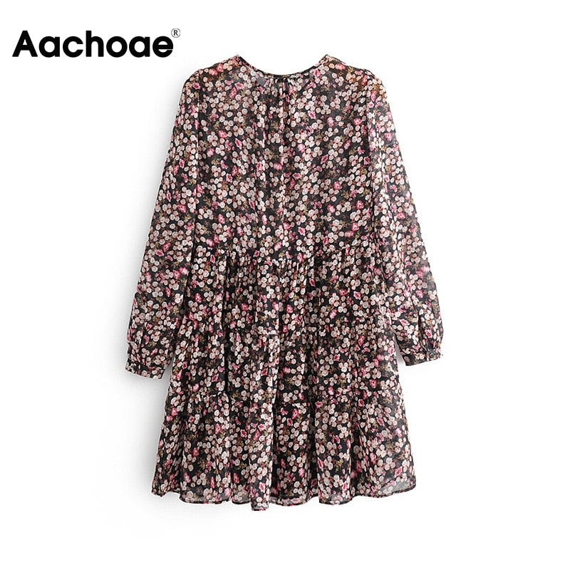 Aachoae Boho Style Floral Print Pleated Dress Long Sleeve Women Mini Dress O Neck Loose Ladies Dresses Beach Sundress Ropa Mujer