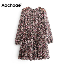 Aachoae Boho Style Floral Print Pleated Dress Long Sleeve Women Mini Dress O Neck Loose Ladies Dresses Beach Sundress Ropa Mujer